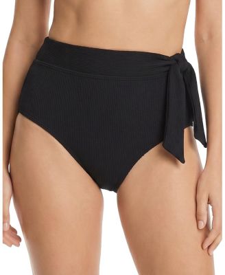  Side Tie High Waist Textured Bikini Bottom with Full Coverage