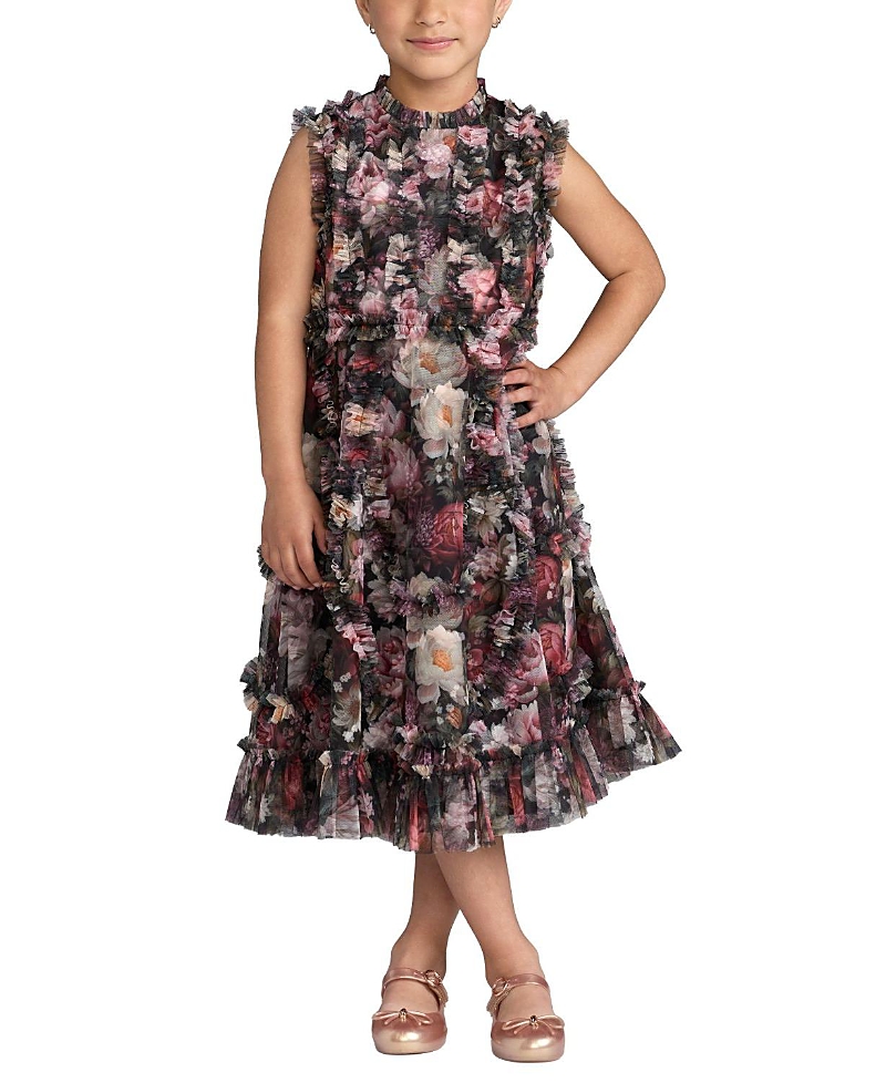 Mac Duggal Girls' Sleeveless Mesh Ruffle High Neck Dress - Little Kid, Big Kid
