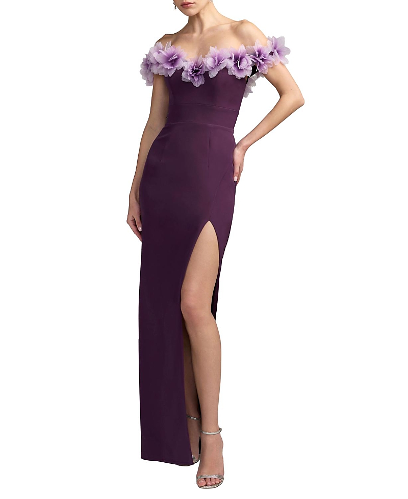 Mac Duggal Off The Shoulder Column Gown With 3D Flowers