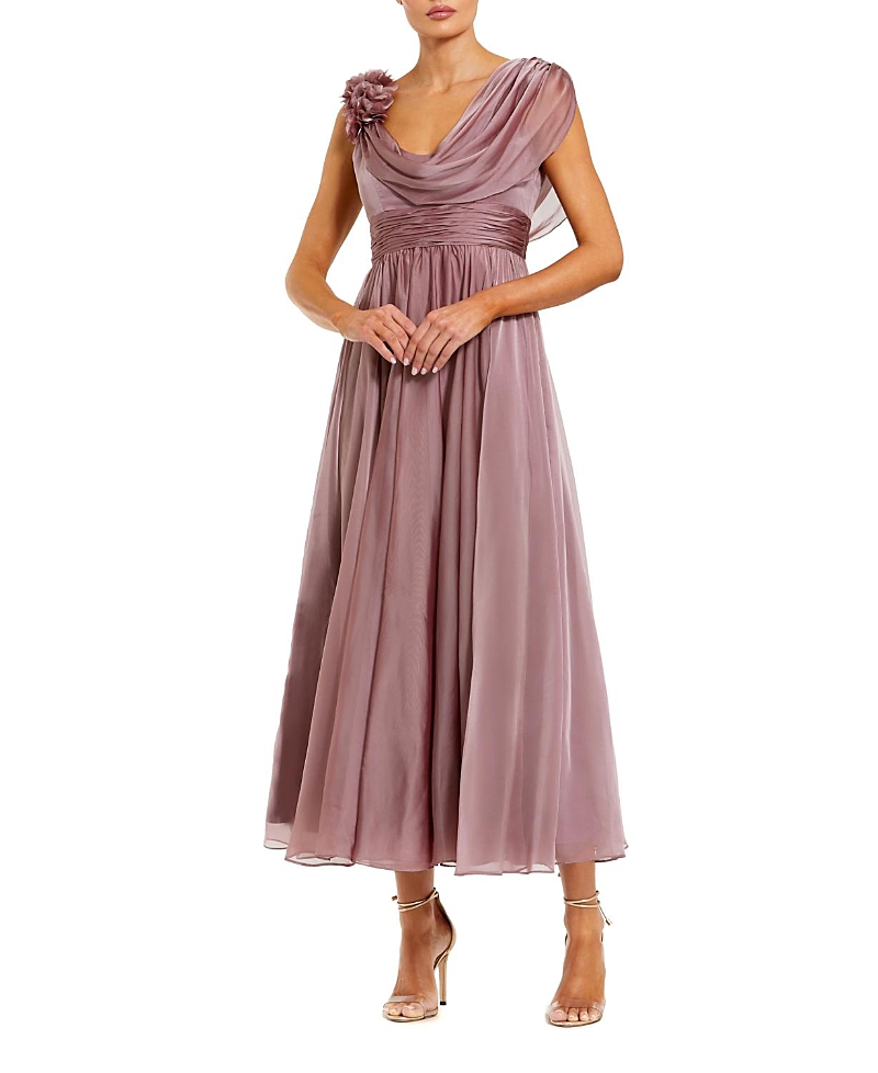 Mac Duggal Chiffon Cowl Neck Midi Dress With 3D Flowers