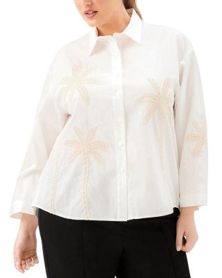 Plus Bell Sleeve Embroidered Palm Tree Shirt