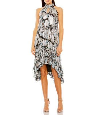  High Neck Floral Ruffle A-Line Mini Dress