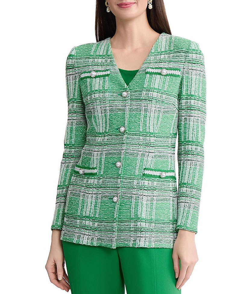Misook Tailored Crochet Trim Plaid Knit Jacket