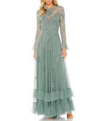  Embellished Long Sleeve Ruffle Gown