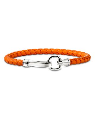 Sterling Silver Men's Orange Leather Woven Bracelet