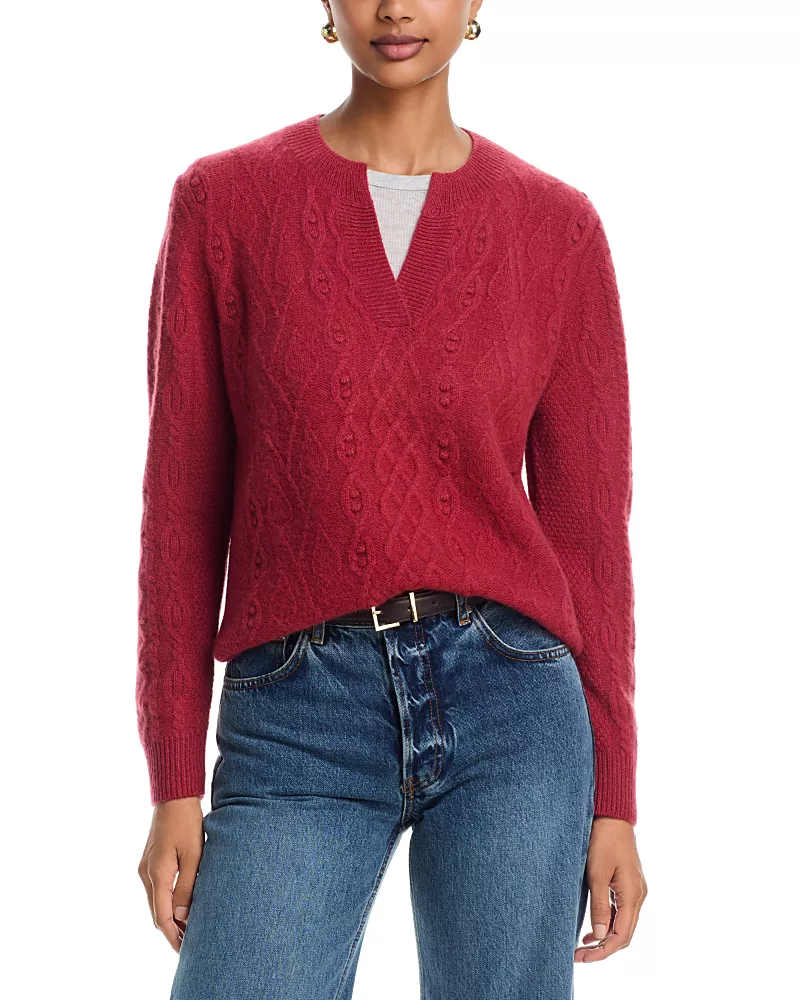 C by Bloomingdale's Cashmere Split Neck Cable Sweater