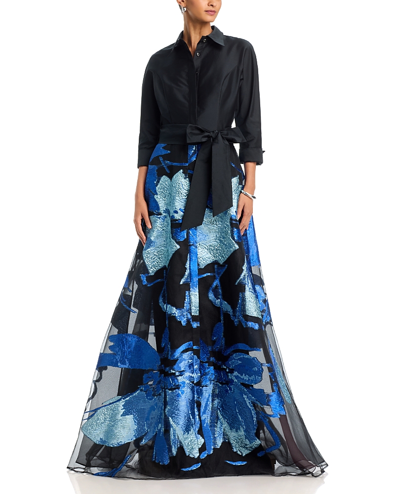 Teri Jon by Rickie Freeman Taffeta Shirtwaist Metallic Organza Skirt Gown