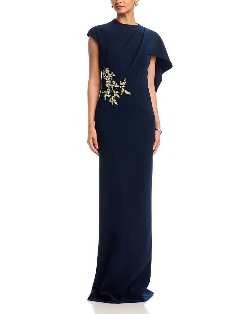 Teri Jon by Rickie Freeman Crepe Asymmetric Capelet Pearl Applique Waist Trim Gown