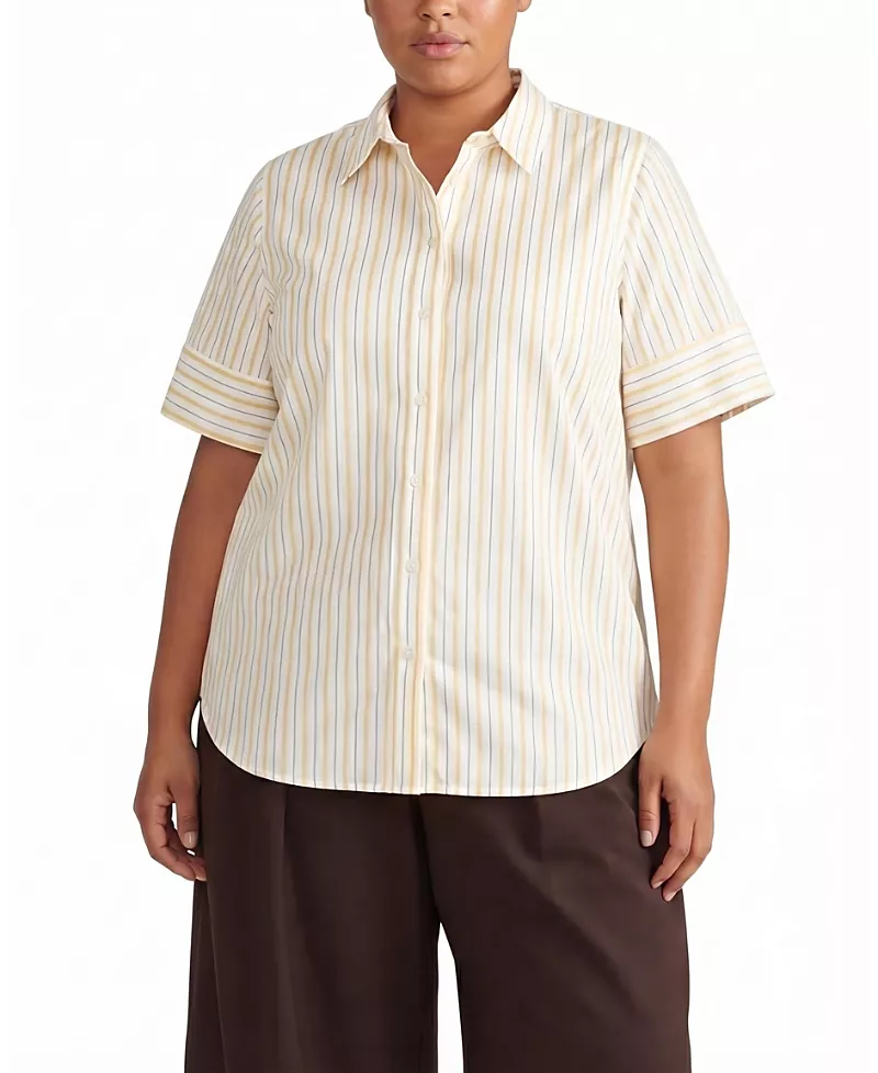 Universal Standard Women's Plus Elbe Stretch Poplin Short Sleeve Shirt