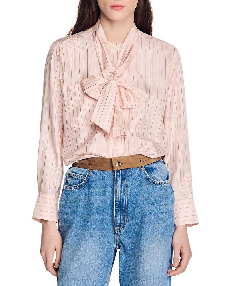 Sandro Miraluna Striped Tie Neck Shirt