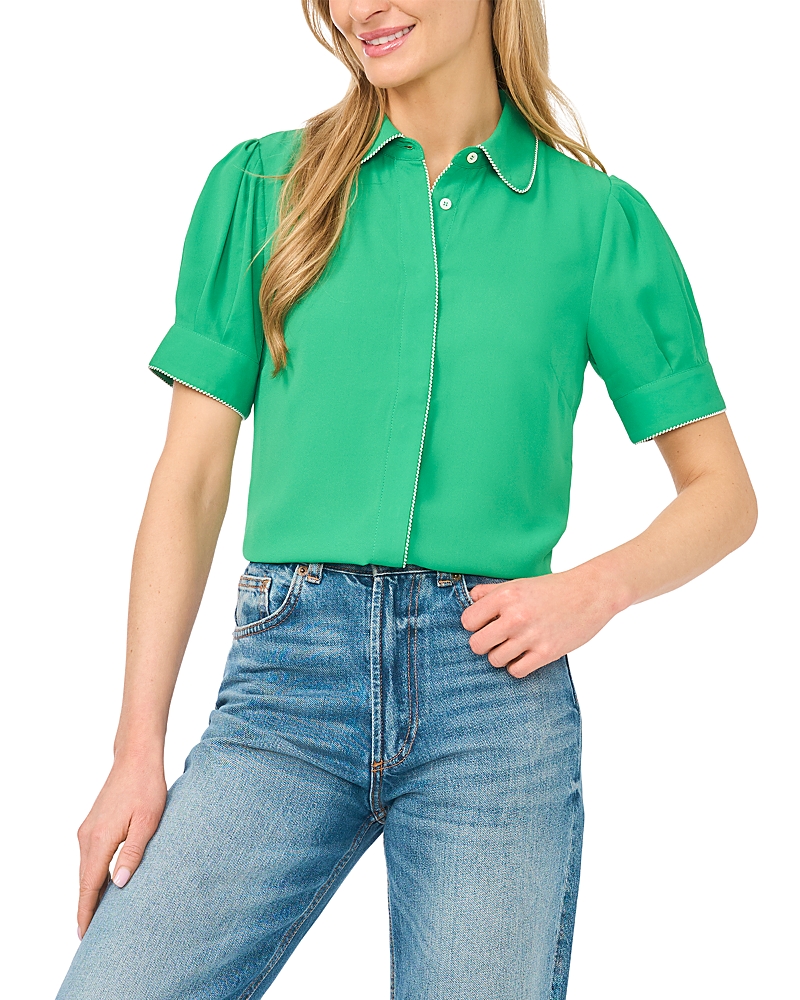 Cece Puffed Sleeve Picot Trim Blouse