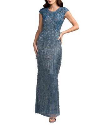  Short Sleeve Mesh Gown With Fringe Beading
