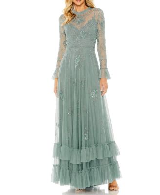  Petite Embellished Long Sleeve Ruffle Gown