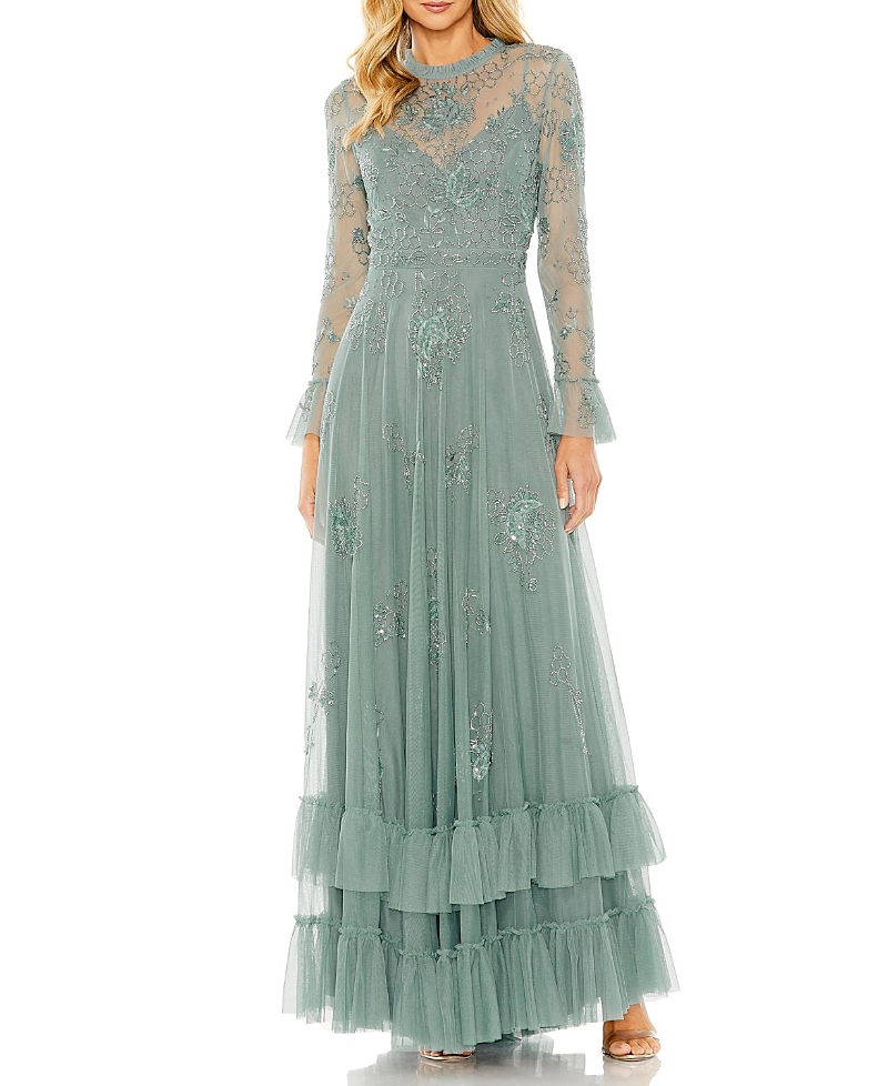 Mac Duggal Petite Embellished Long Sleeve Ruffle Gown