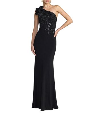  Embroidered Jersey One Shoulder Gown with 3D Flower