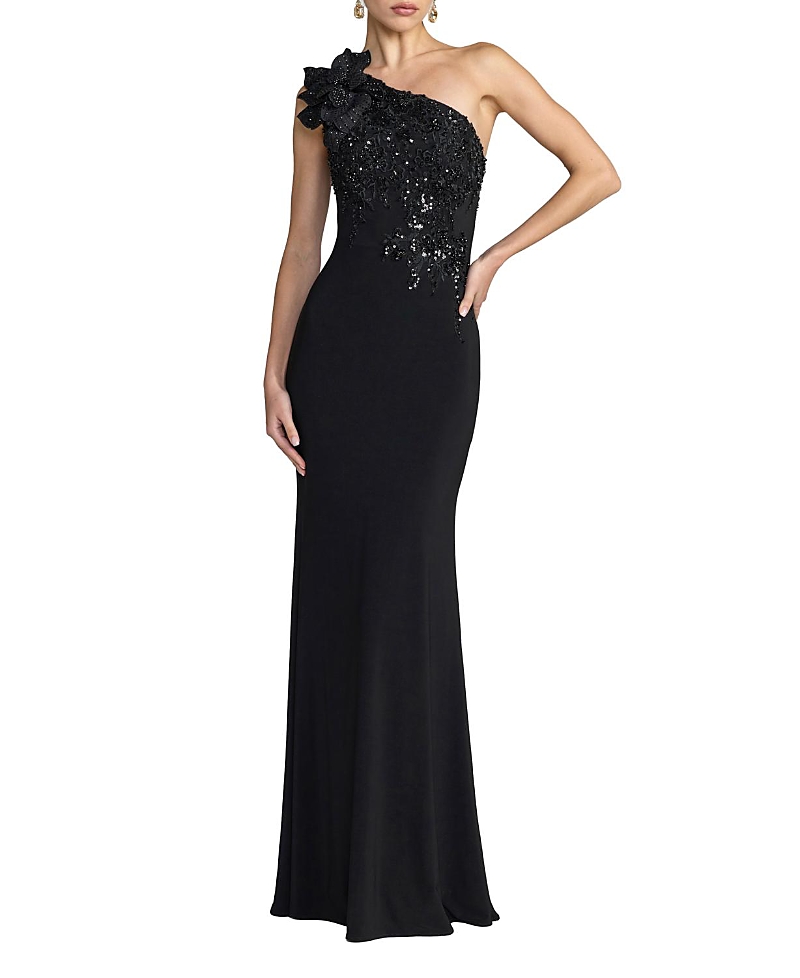 Mac Duggal Embroidered Jersey One Shoulder Gown with 3D Flower