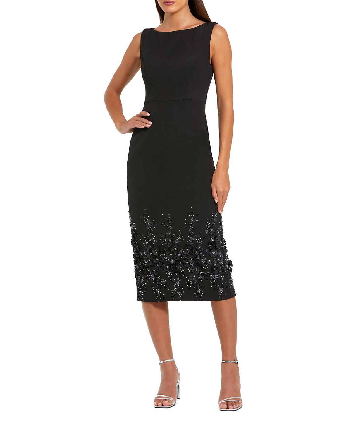 Mac Duggal Crepe Sleeveless Midi Dress with Flower Beading