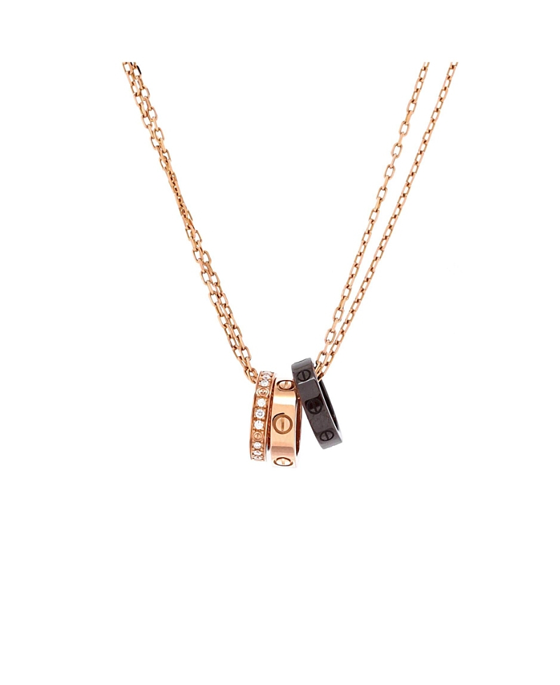Pre-Owned Cartier Love 3 Ring Pendant Necklace 18K Rose Gold and Ceramic with Diamonds, 16