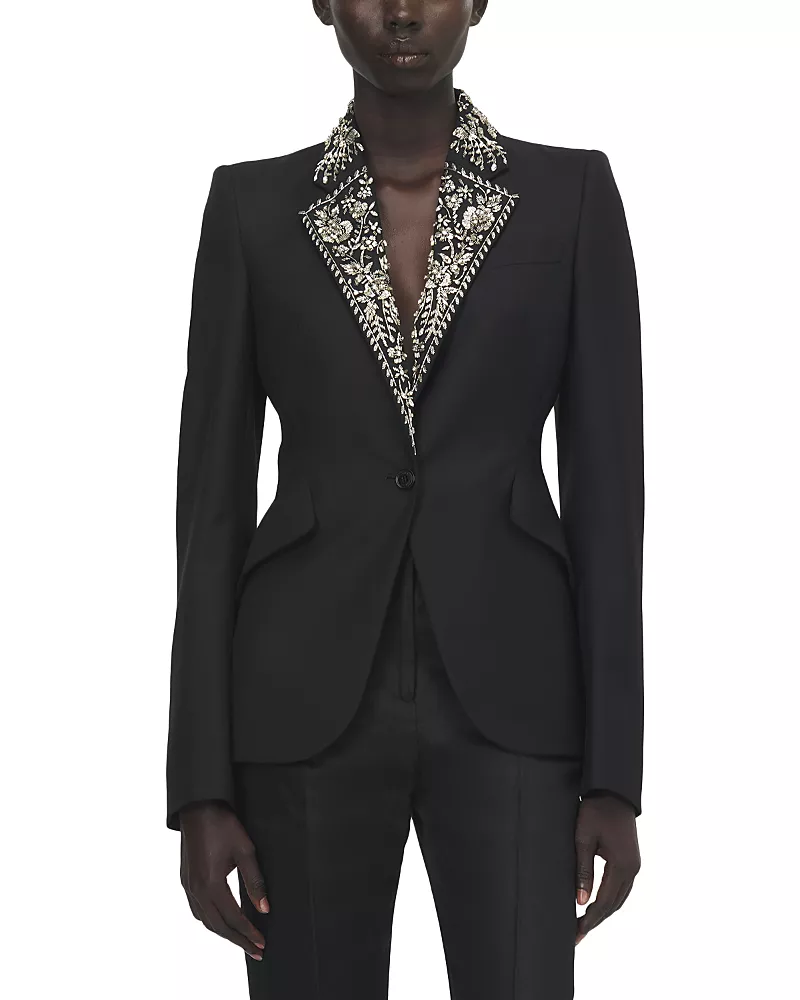 McQueen Bead & Crystal Embroidered Lapel Single Breasted Jacket
