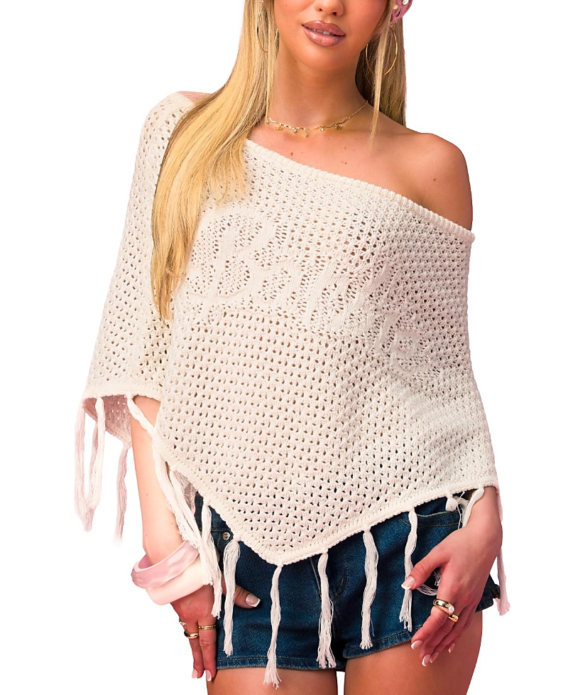 Edikted Barbie Fringe Knit Poncho In White