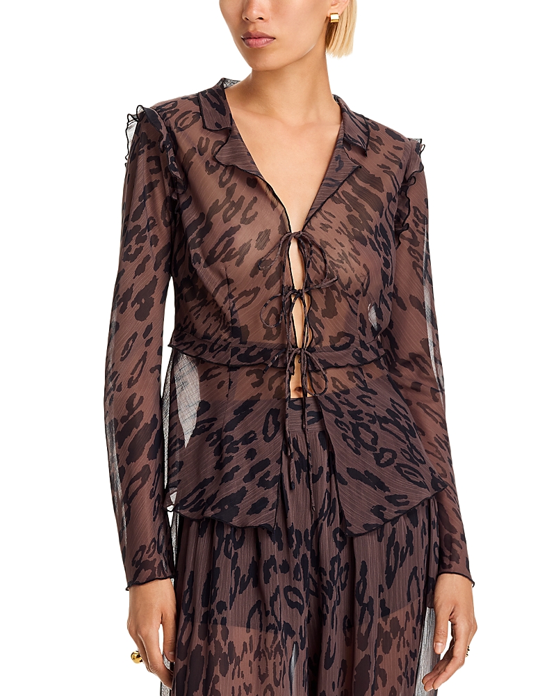 Aqua Animal Ruffle Tie Long Sleeve Top - Exclusive