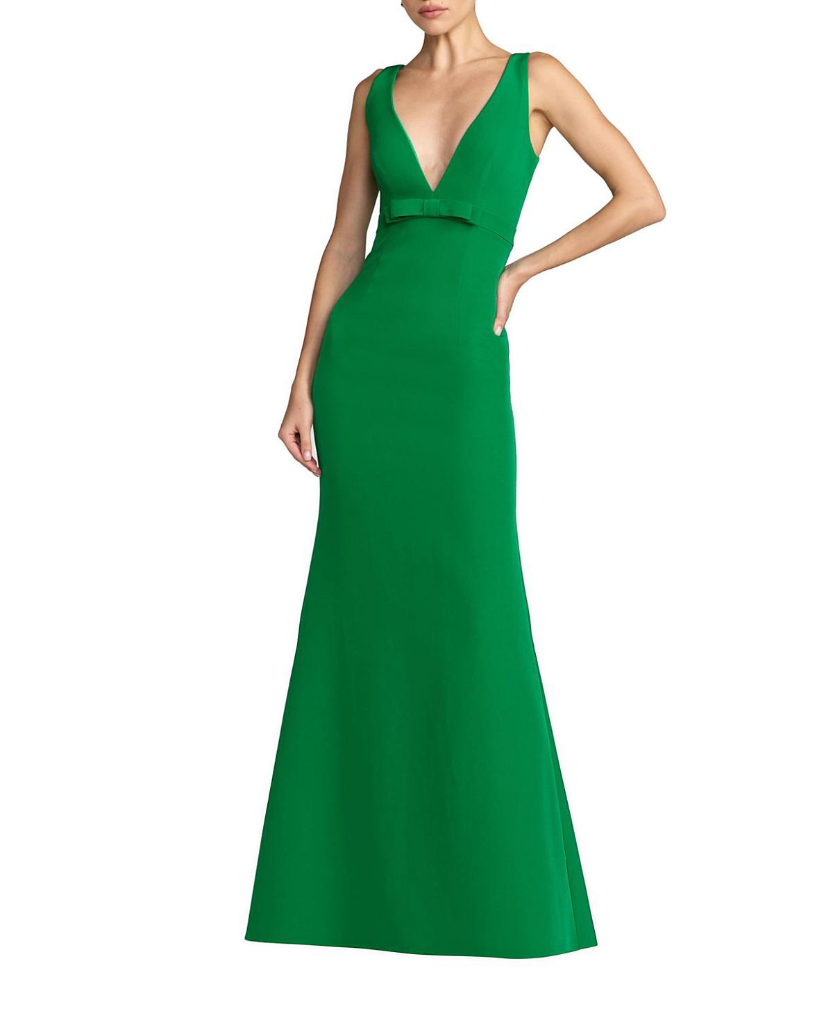 Mac Duggal Crepe Sleeveless V Neck Mermaid Gown with Bow