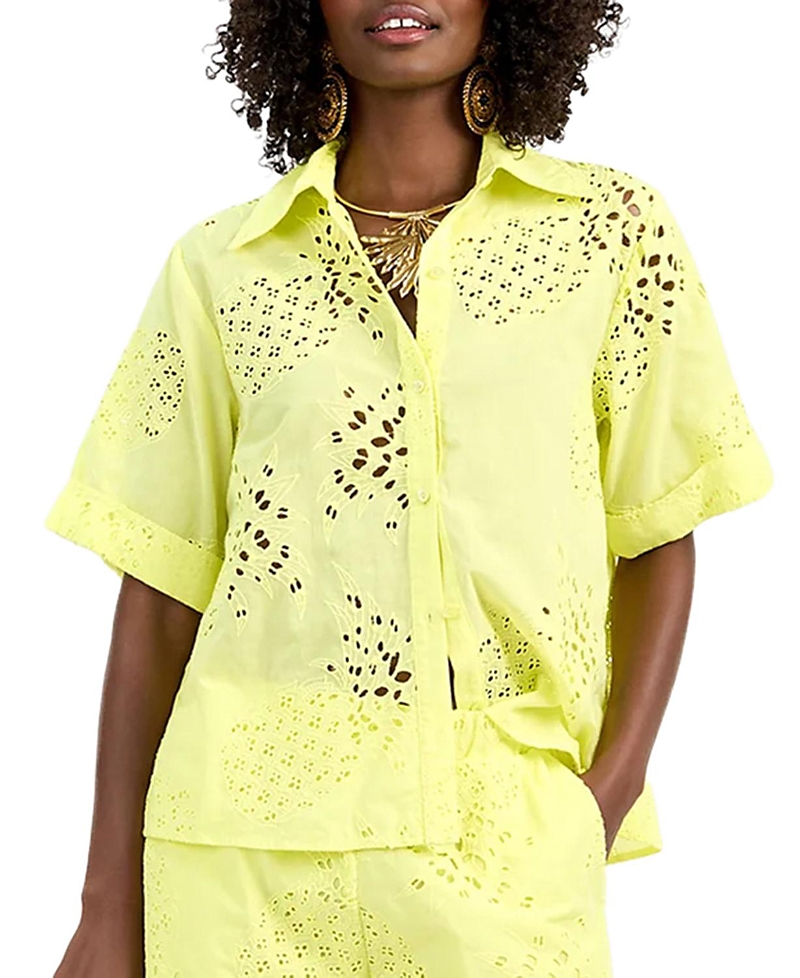 Trina Turk Triennale Top Eyelet Button-Down Cotton Shirt