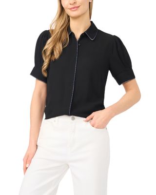 CeCe Puffed Sleeve Picot Trim Blouse