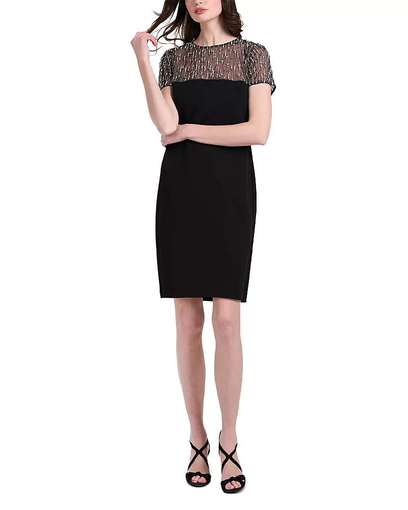 Emily Shalant Crystal Illusion Stretch Crepe Mini Dress