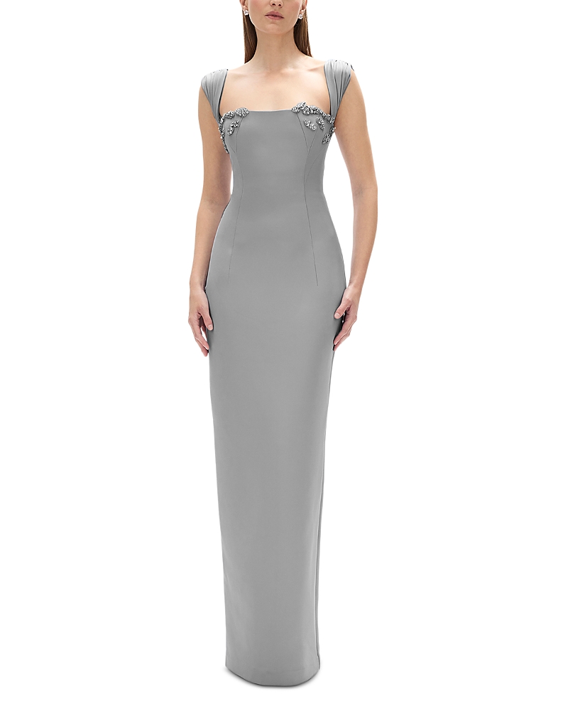 Rachel Gilbert Malia Embellished Square Neck Gown In Smoke