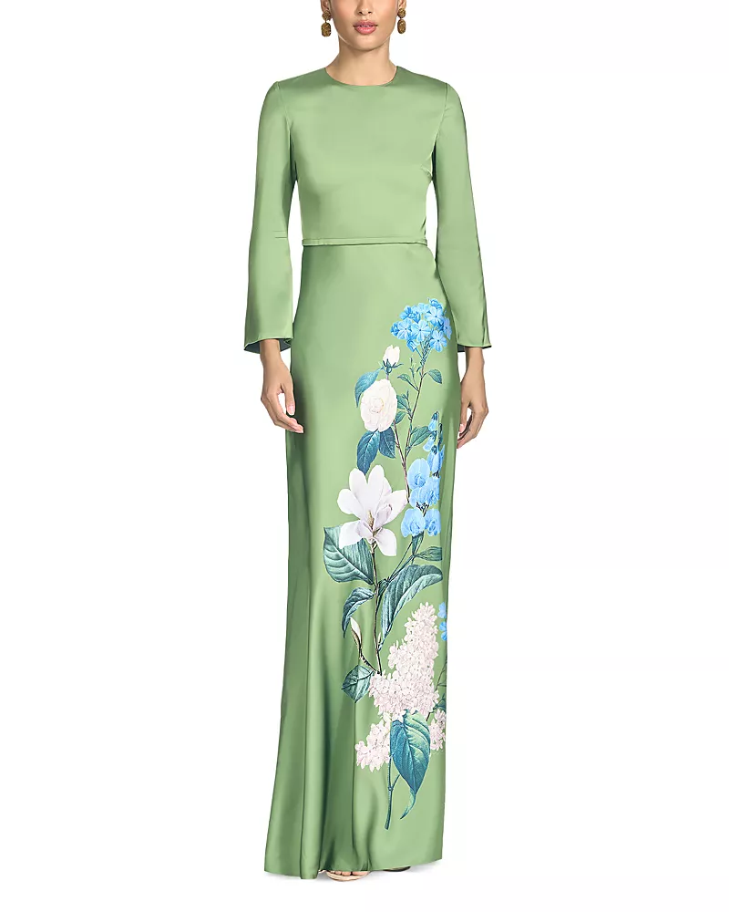 Sachin Babi Alex Placed Print 3/4 Sleeve Gown