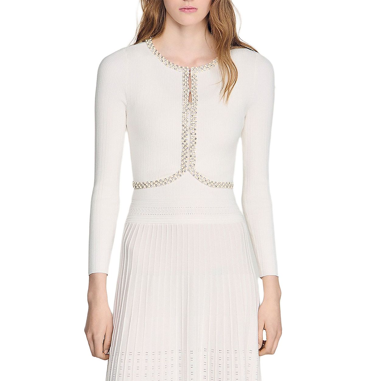 Sandro Borealia Cropped Pearl and Rhinestone Embellished Cardigan