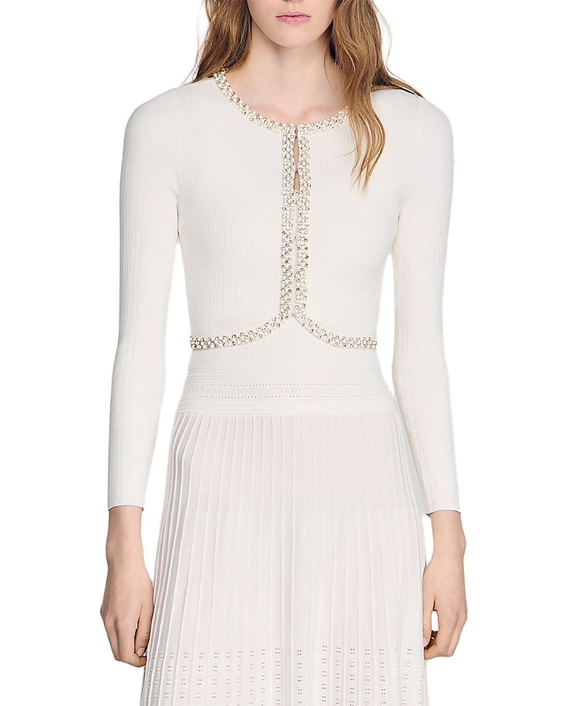 Sandro Borealia Cropped Pearl and Rhinestone Embellished Cardigan