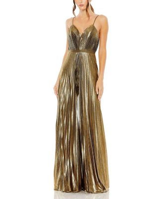 Petite Metallic Pleated Wide-Leg V-Neck Jumpsuit