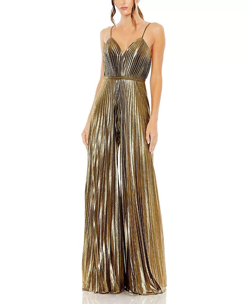 Mac Duggal Petite Metallic Pleated Wide-Leg V-Neck Jumpsuit