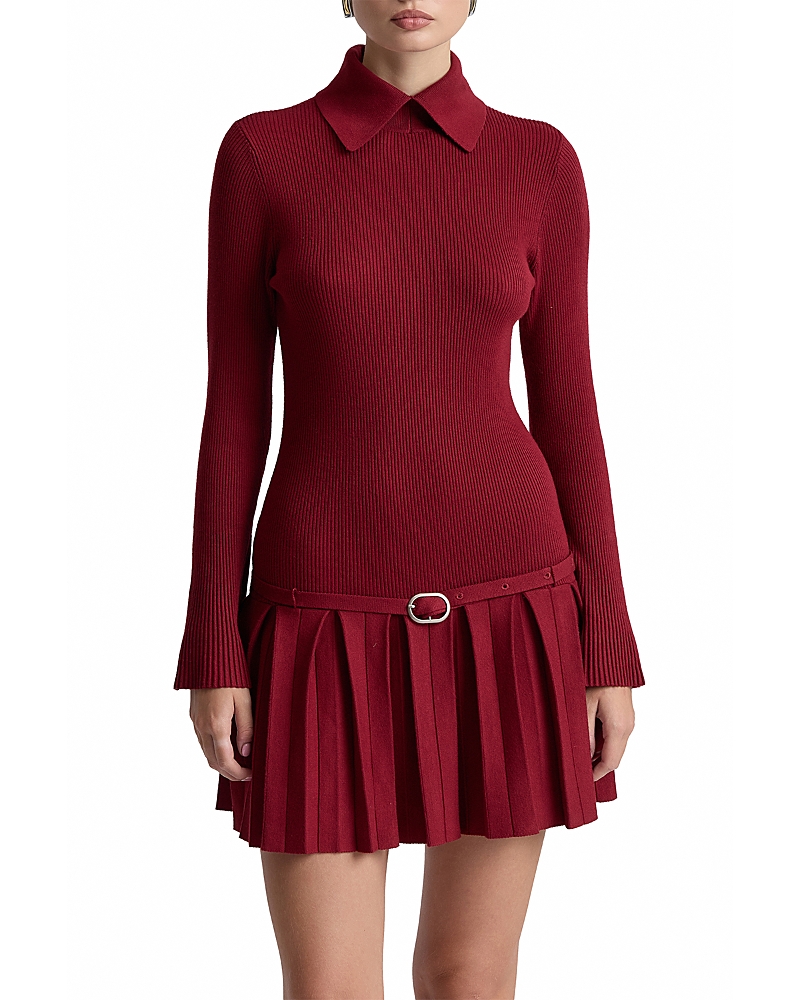 Avec Les Filles Belted Drop Waist Pleated Sweater Dress