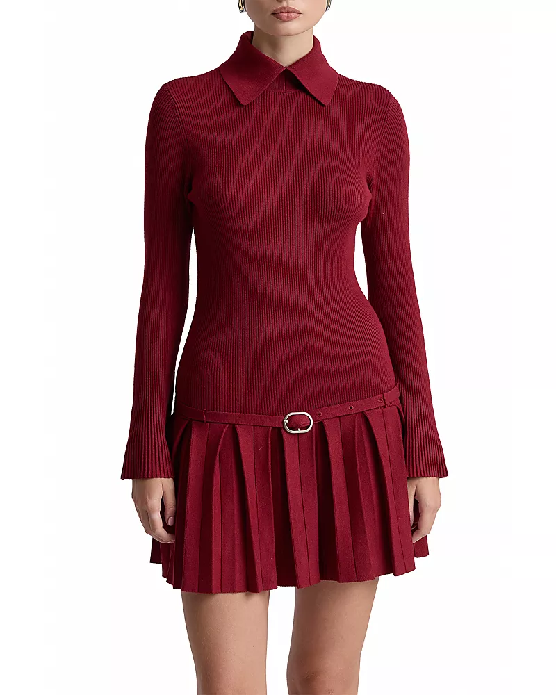 Avec Les Filles Belted Drop Waist Pleated Sweater Dress