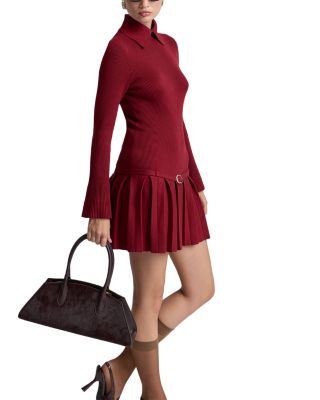 Belted Drop Waist Pleated Sweater Dress - thumbnail 6