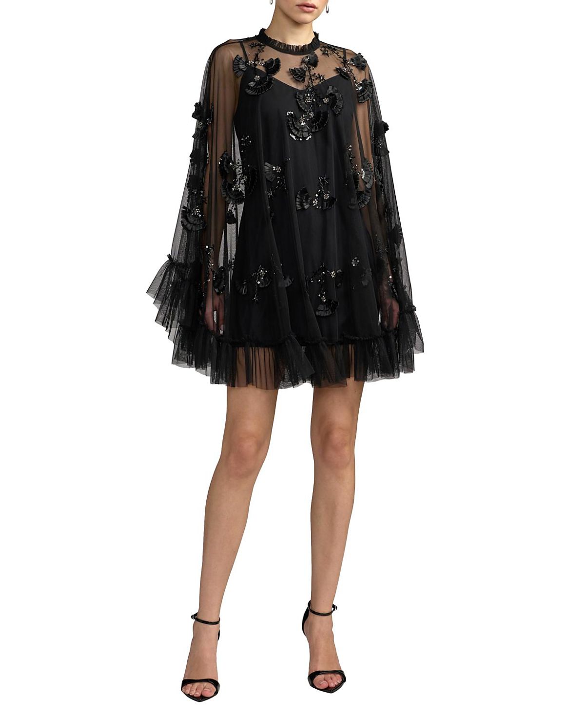Mac Duggal Embellished Long Flare Sleeve Mesh A-Line Dress