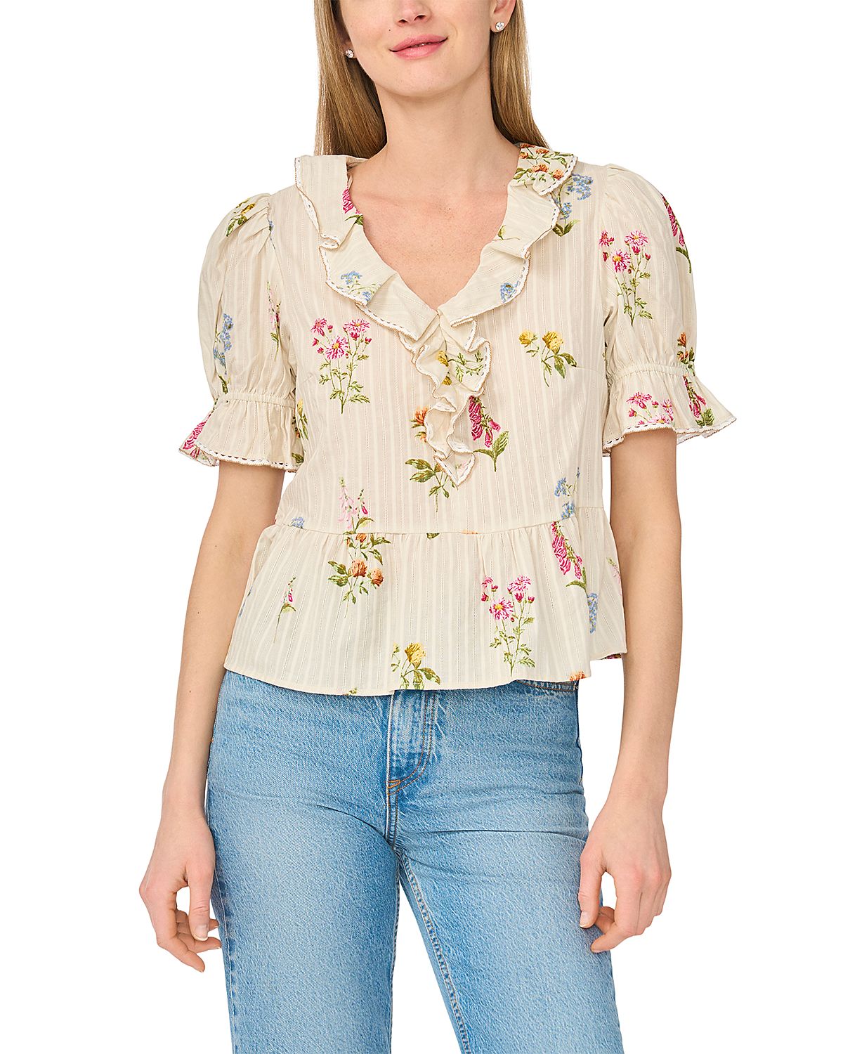 CeCe Ruffled Cotton V Neck Top
