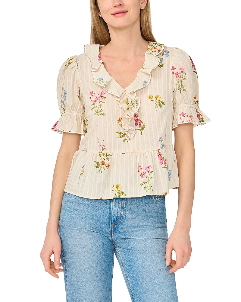 CeCe Ruffled Cotton V Neck Top
