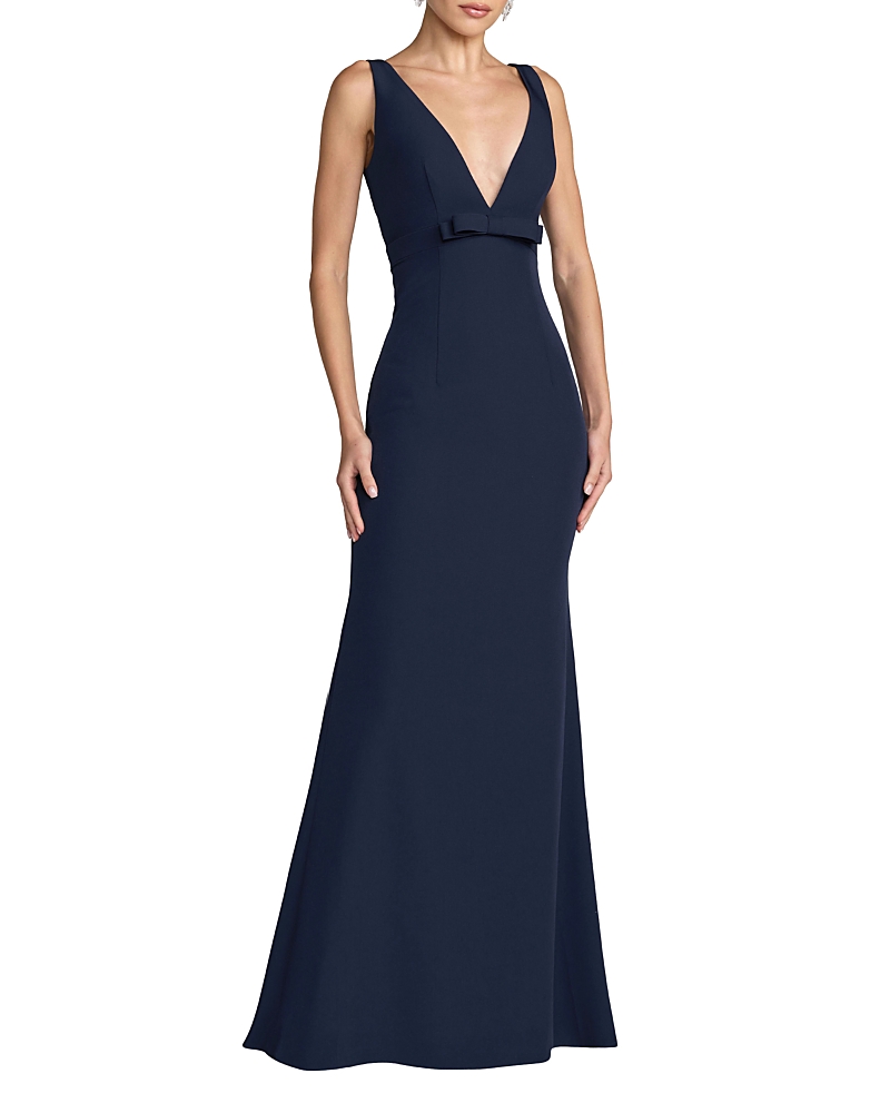 Mac Duggal Crepe Sleeveless V Neck Mermaid Gown with Bow
