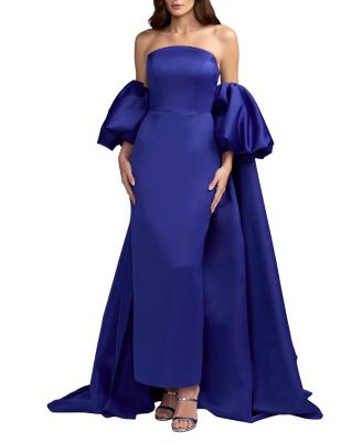 Mac Duggal Strapless Puff Sleeve Satin Gown With Cape