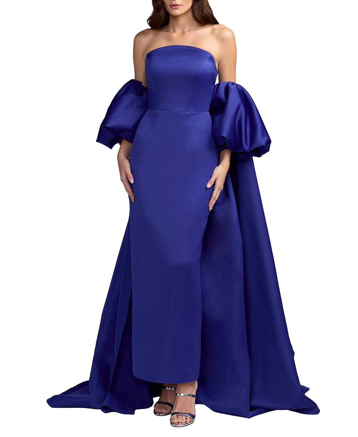Mac Duggal Strapless Puff Sleeve Satin Gown With Cape