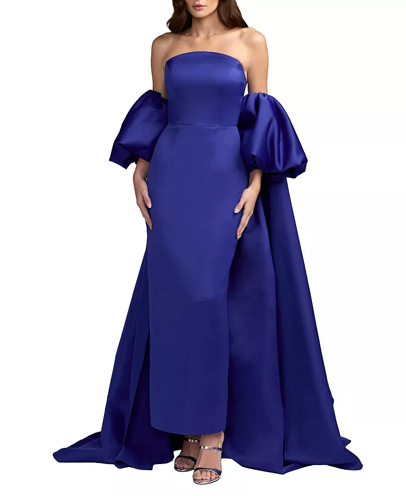 Mac Duggal Strapless Puff Sleeve Satin Gown With Cape