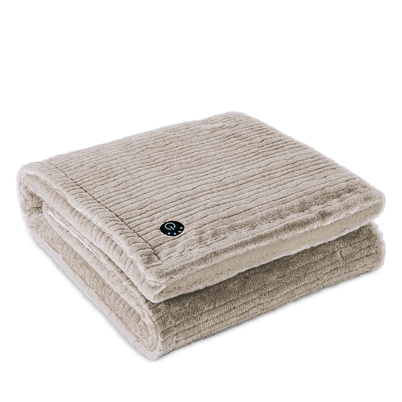 Brookstone Fine Lines Faux Fur Heated Blanket In Ivory