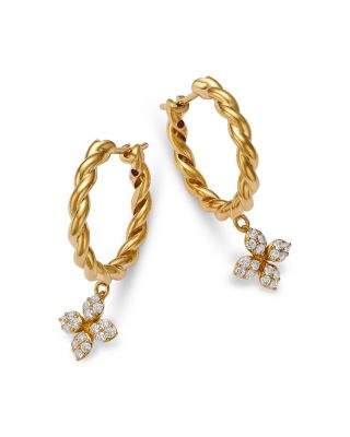 18K Yellow Gold Love in Verona Diamond Flower Dangle Hoop Earrings, 0.27 tcw