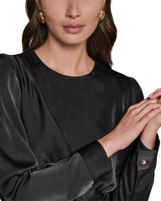 Satin Side-Ruched Cascade Ruffle Midi Dress - thumbnail 3