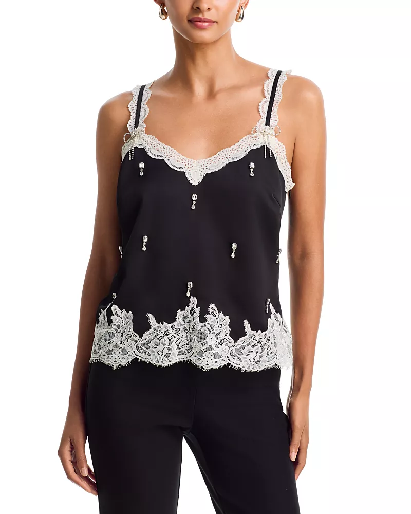 Aqua Lace Trim Rhinestone Embellished Camisole - Exclusive