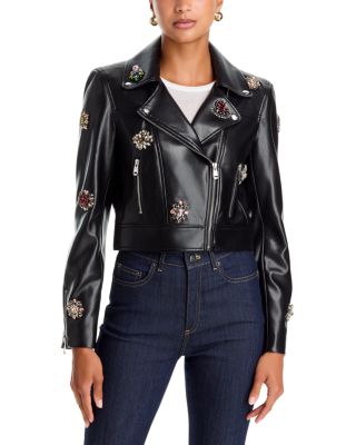 Genevieve Baroque Patches Faux Leather Jacket 